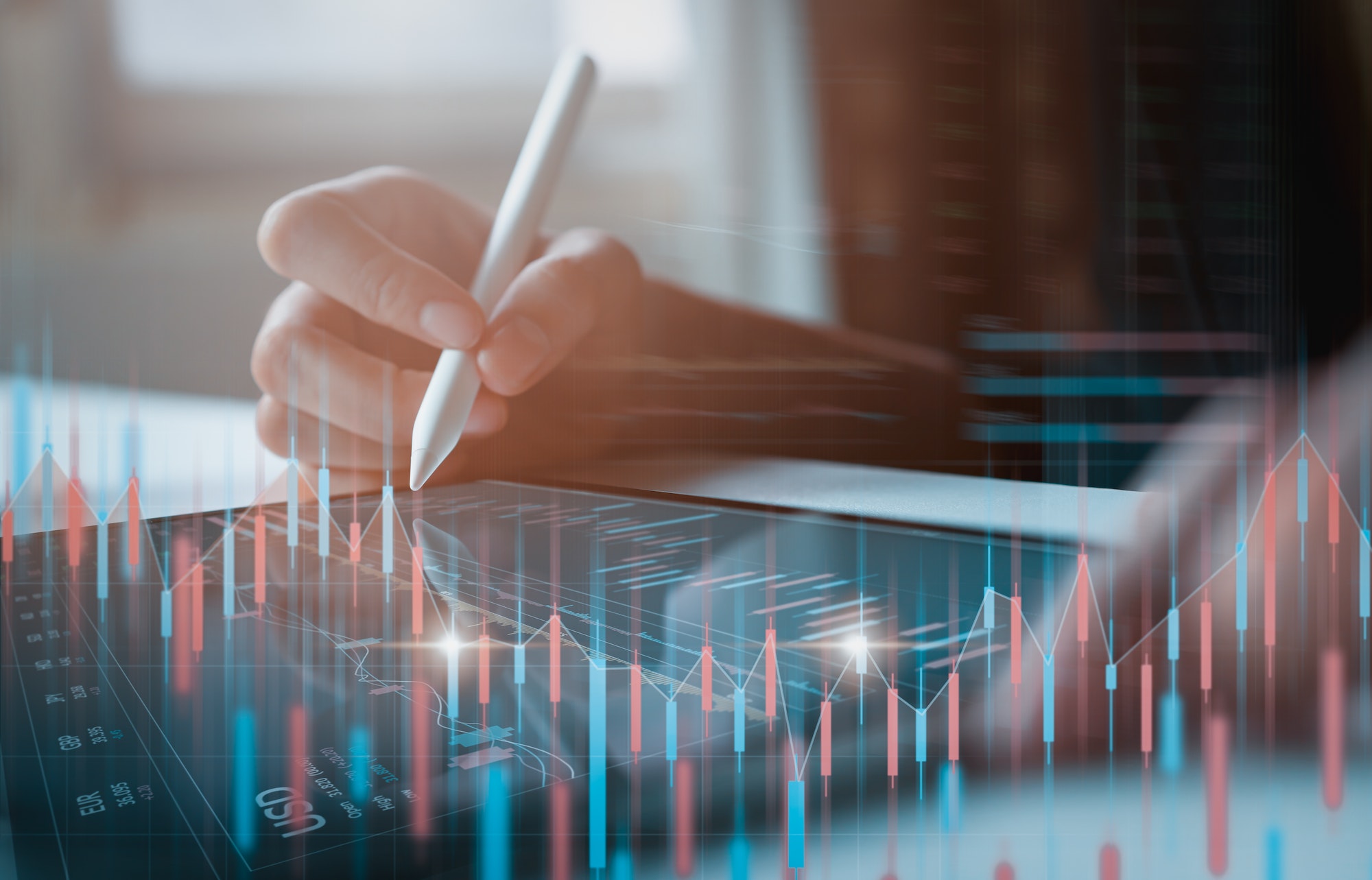 Stock exchange market concept, businessman trader looking on tablet with graphs analysis candle line